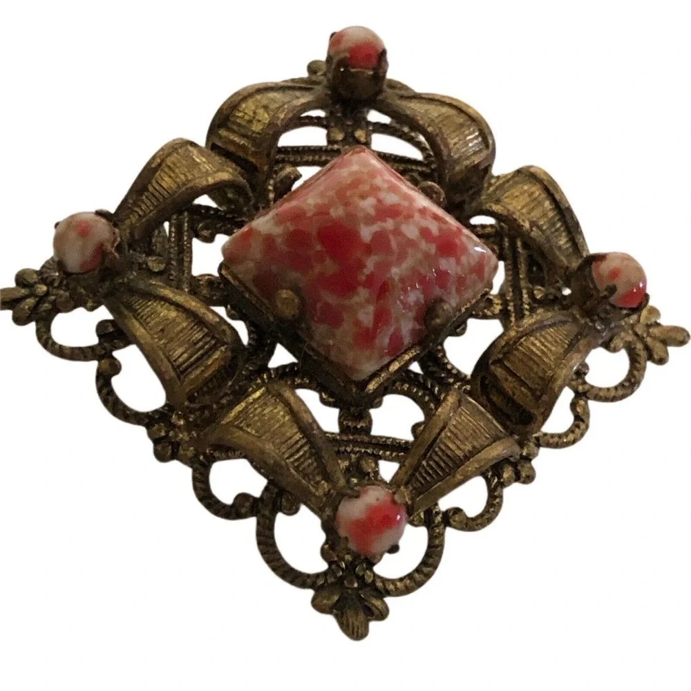 Art Deco Coral Matrix Glass Cabochon Pin Brooch Diamond Shape